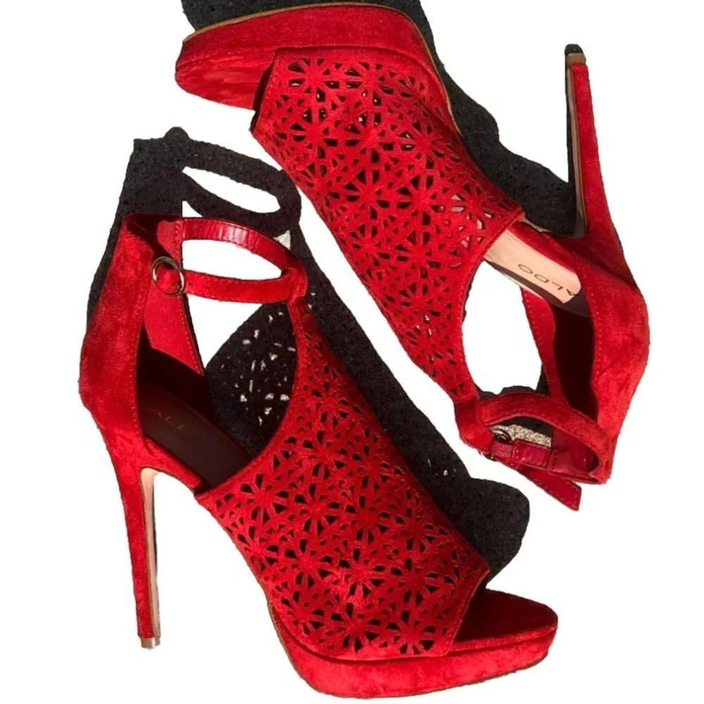 Aldo Suede Vizzola Vibrant Red Cutout Heels EUC 10